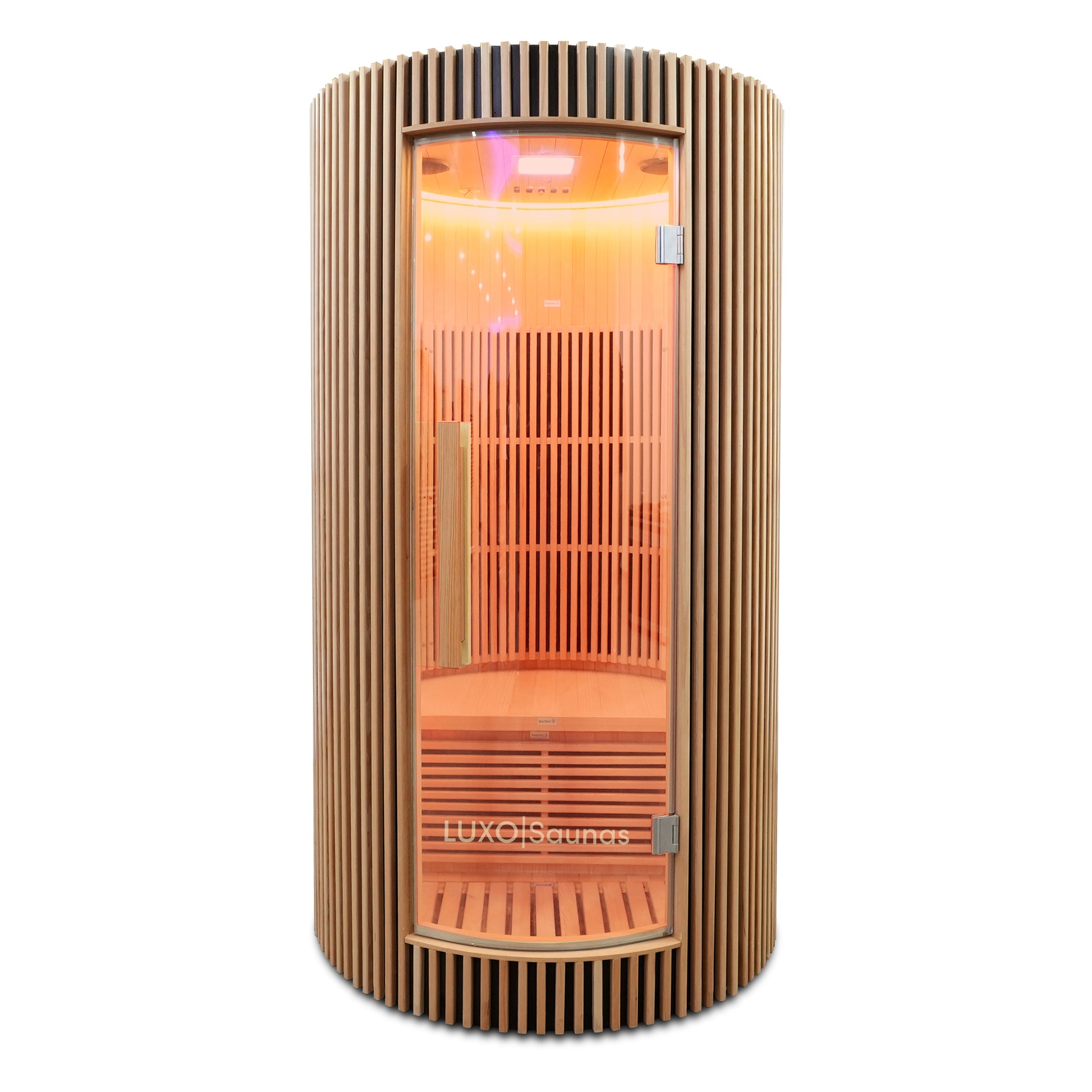Full view of a modern cylindrical sauna on a white background