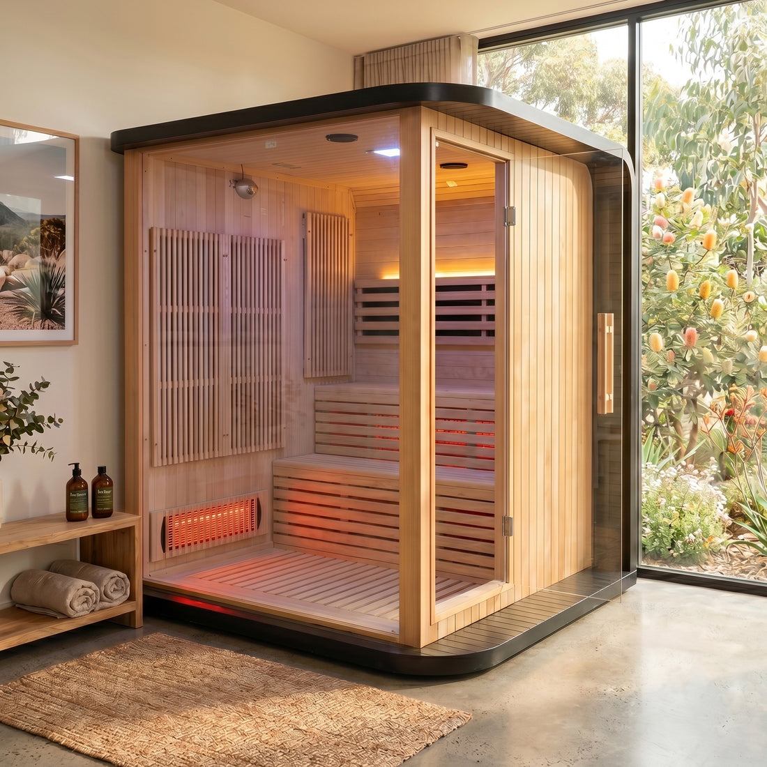 Modern infrared sauna installed in a stylish room with garden view