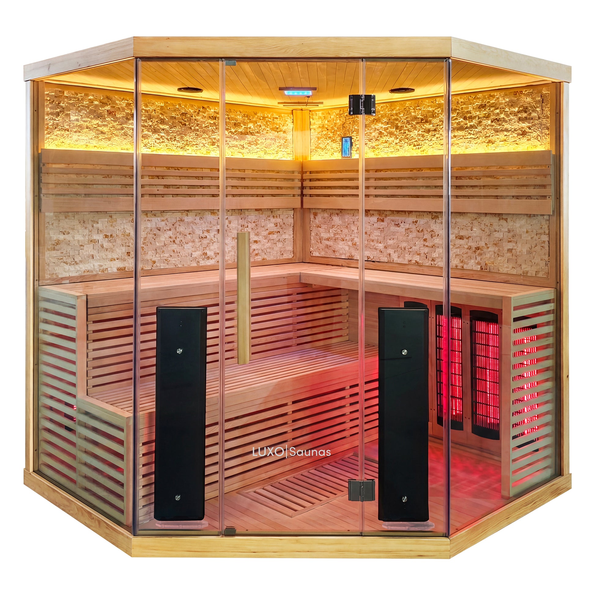 Modern home sauna shown fully on a white background with glass doors and warm interior lighting.