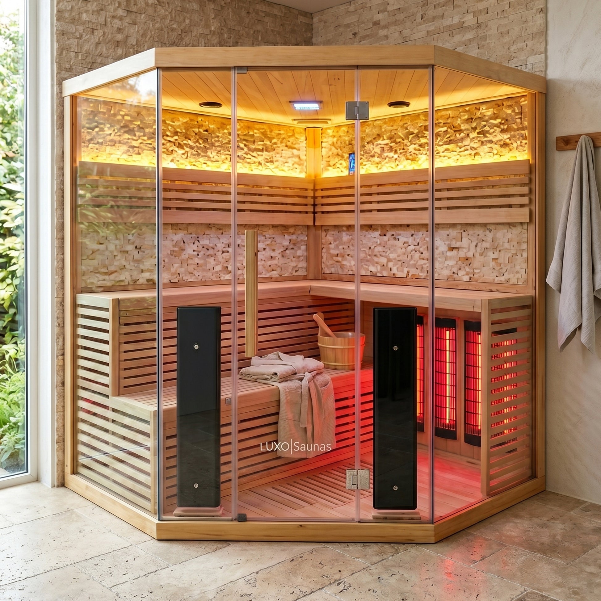 Corner infrared sauna installed in a modern room with towels and a spa-like setup.