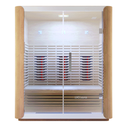 Lue 3 Person Canadian Hemlock Far Infrared Home Sauna features light-wood walls, a full-height glass front, and built-in heating panels, offering a modern relaxation space for three.