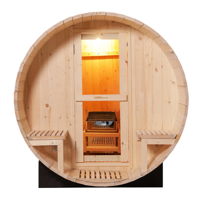 Luola 2 Person Pine Outdoor Barrel Sauna & Harvia Stove, featuring light wood, a glass-paneled door, built-in benches, and visible interior with a warm-lit ceiling and Harvia heater on a platform.