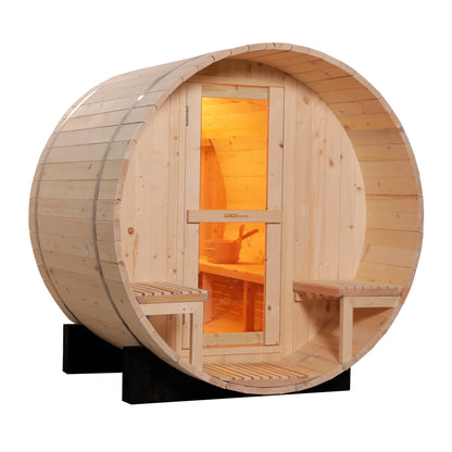 Luola 2 Person Pine Outdoor Barrel Sauna & Harvia Stove features a wooden barrel design with a glass-paneled door, slatted benches, and warmly lit interior, highlighting its inviting and relaxing sauna setup.