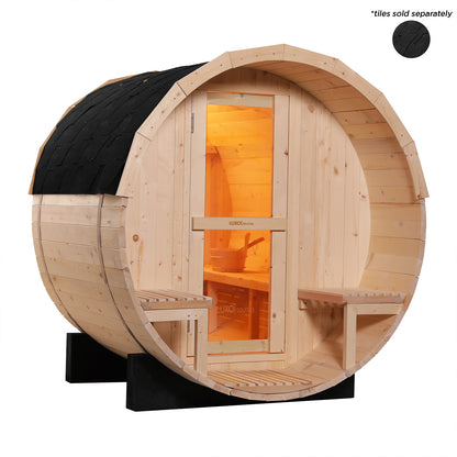 Luola 2 Person Pine Outdoor Barrel Sauna & Harvia Stove with a wooden barrel shape, glass door, sauna bucket, exterior benches, and a shingled roof for backyard relaxation and wellness.