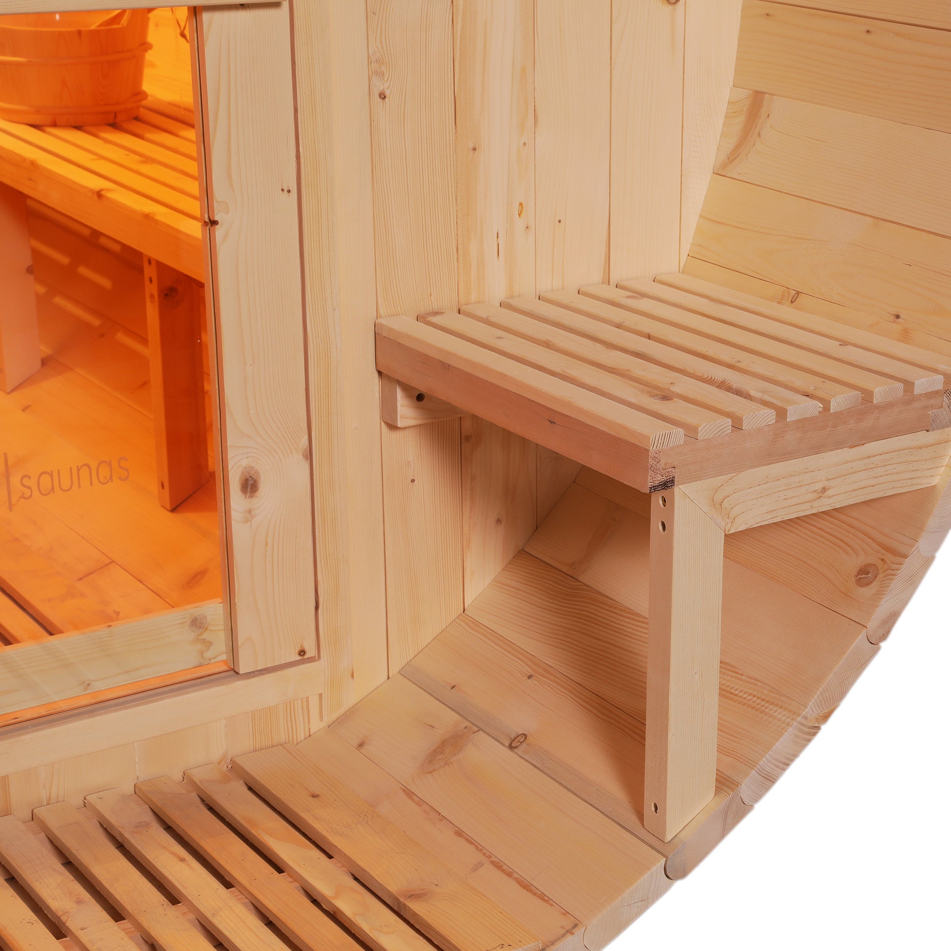 Luola 2 Person Pine Outdoor Barrel Sauna & Harvia Stove features light timber paneling, a slatted folding bench, and a wooden sauna bucket, viewed through a glass door in a cozy, barrel-style design.