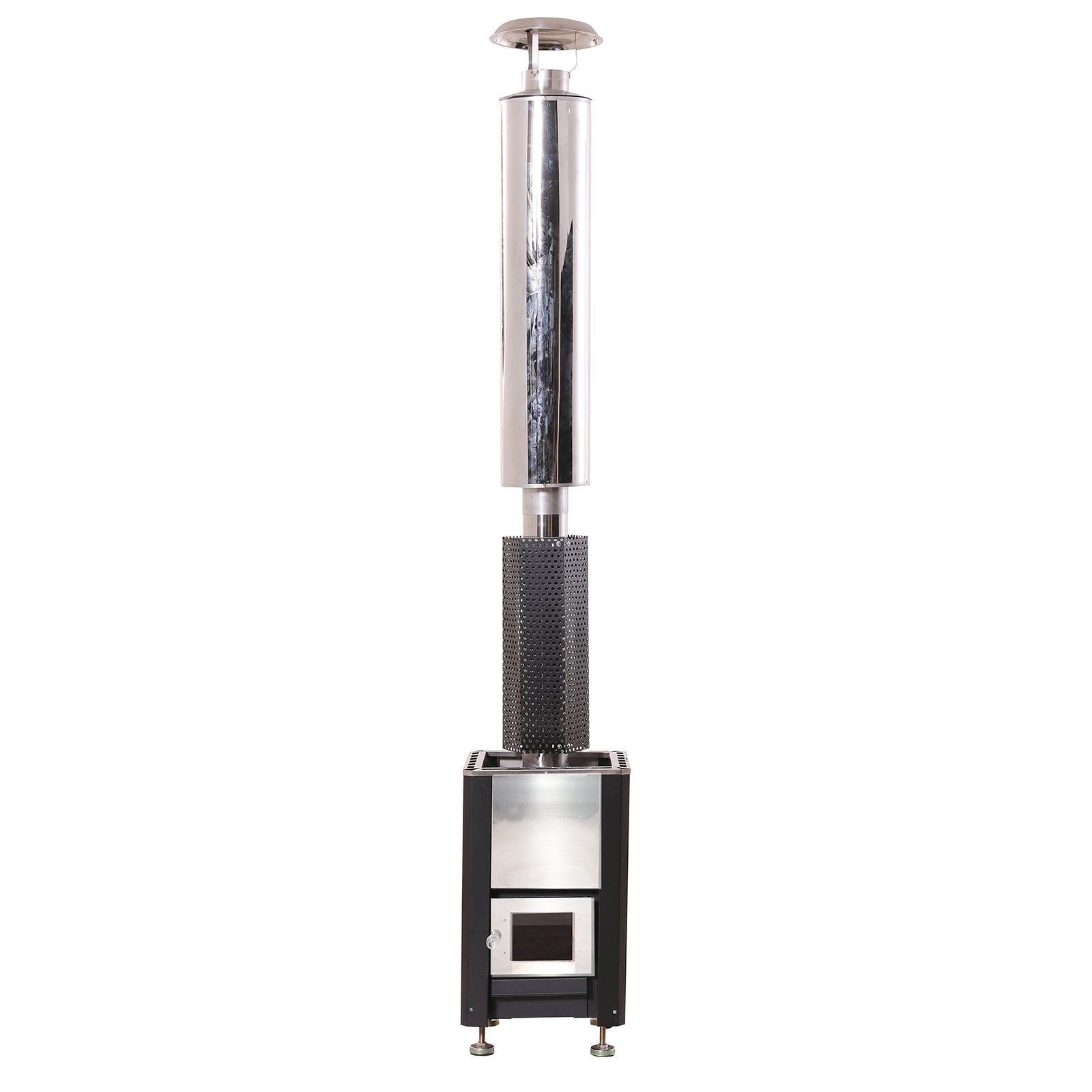 Luola Wood Burning Stove for Luola Outdoor Barrel Saunas, featuring a compact design with a firebox, perforated heat-exchange section, and tall stainless-steel flue, ideal for efficient heating and relaxing sauna experiences.