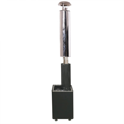 Luola Wood Burning Stove for Luola Outdoor Barrel Saunas features a polished stainless-steel top, black mesh middle section, and a square black metal base with casters, ideal for outdoor sauna heating.