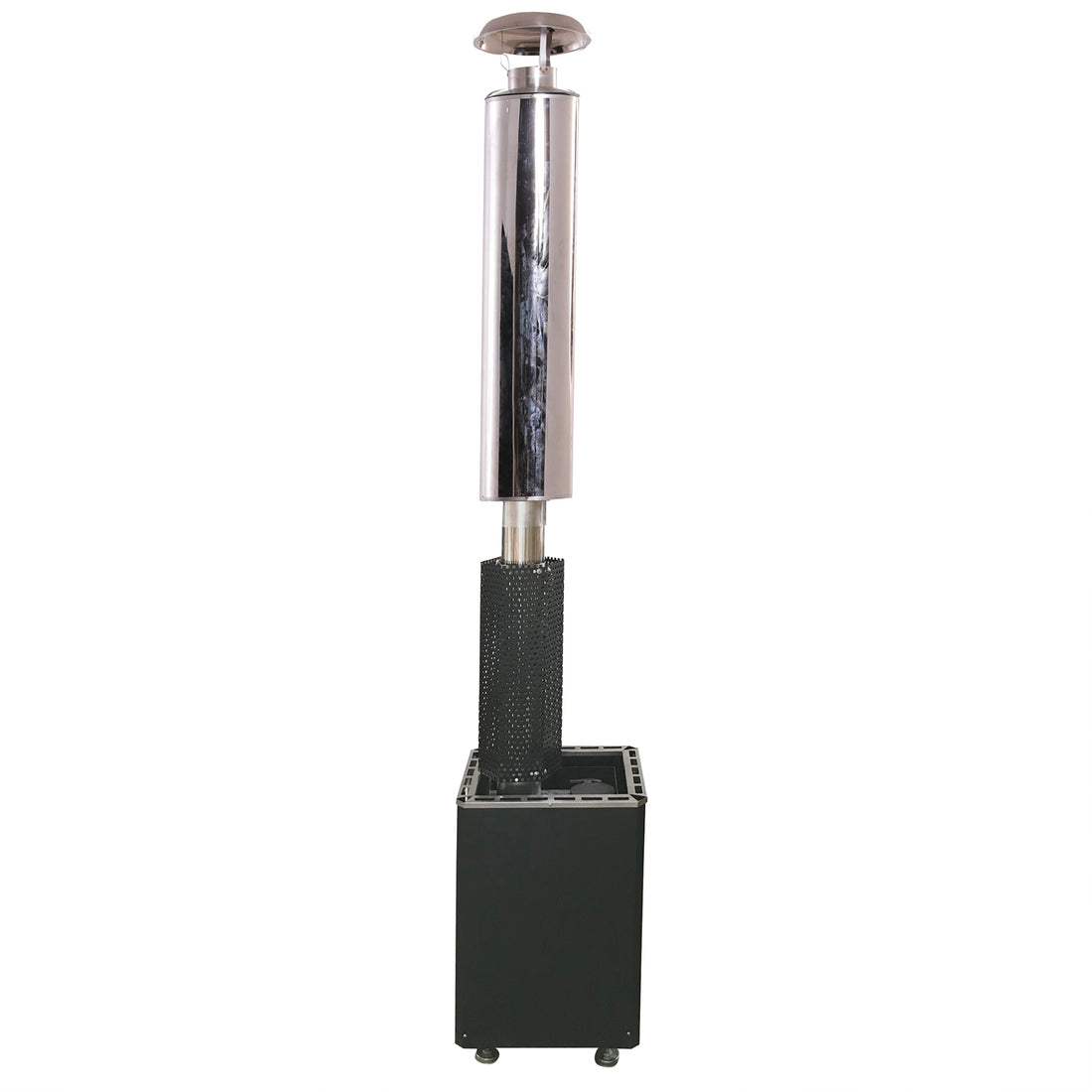 Luola Wood Burning Stove for Luola Outdoor Barrel Saunas features a freestanding, tubular design with a black base, perforated burner guard, stainless-steel shaft, and reflector cap, ideal for outdoor heating.