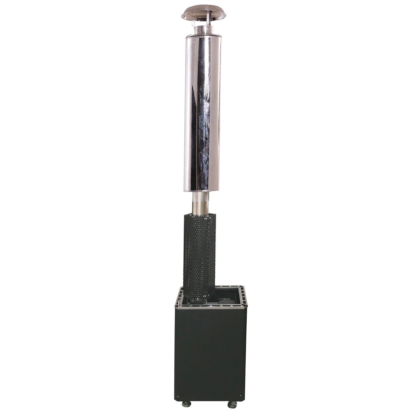 Luola Wood Burning Stove for Luola Outdoor Barrel Saunas features a freestanding, tubular design with a black base, perforated burner guard, stainless-steel shaft, and reflector cap, ideal for outdoor heating.