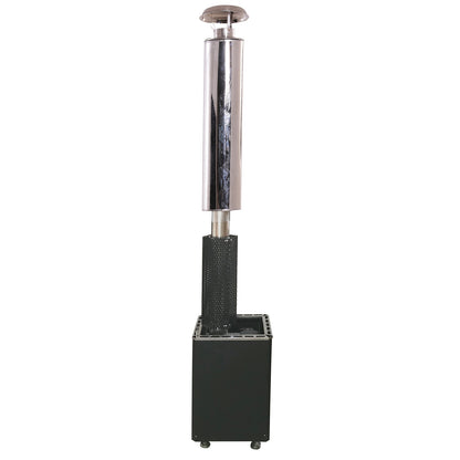 Luola Wood Burning Stove for Luola Outdoor Barrel Saunas features a freestanding, tubular design with a black base, perforated burner guard, stainless-steel shaft, and reflector cap, ideal for outdoor heating.