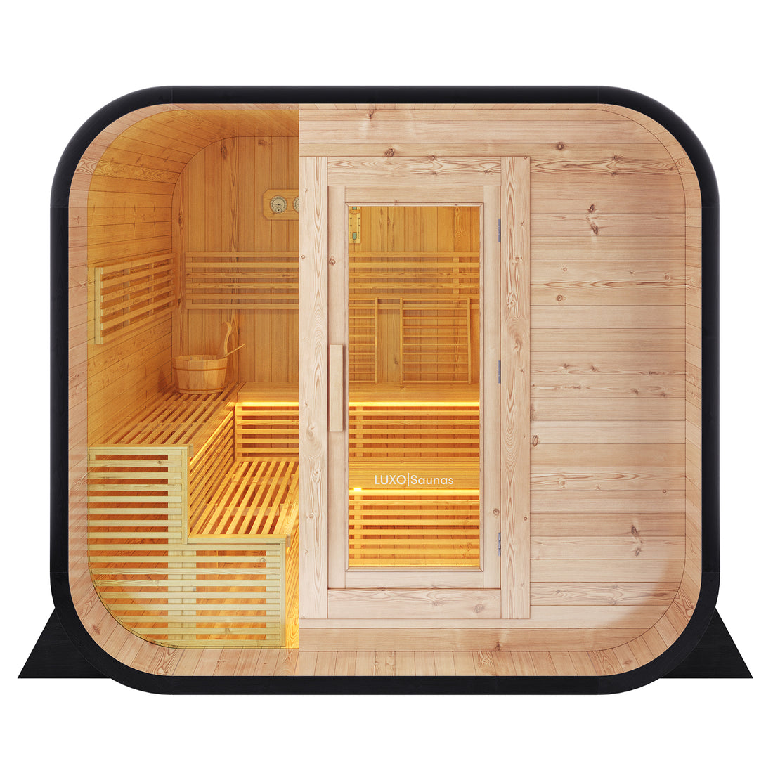 Medika 8 Person Traditional Finnish Outdoor Sauna featuring a wooden construction, large bucket with scoop, and spacious interior, designed for relaxation and heat therapy in your backyard.