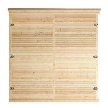 Metsa 3-Person Hybrid Carbon Fibre Infrared Home Sauna with large wooden tambour doors, featuring narrow horizontal slats, metal latches, and a spacious interior designed for indoor installation.