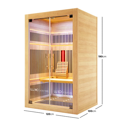 Close-up of the Runko 2 Person Canadian Hemlock Carbon Fibre Infrared Sauna, highlighting the intricate wood slats, sleek door handle, and refined indoor design, showcasing its sophisticated craftsmanship and modern appeal.