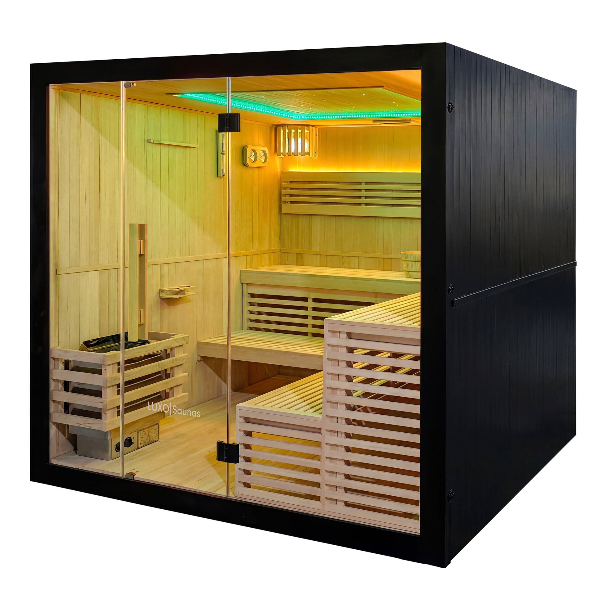Modern wooden sauna with glass front and black exterior on a white background
