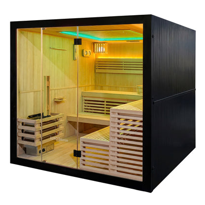 Modern wooden sauna with glass front and black exterior on a white background