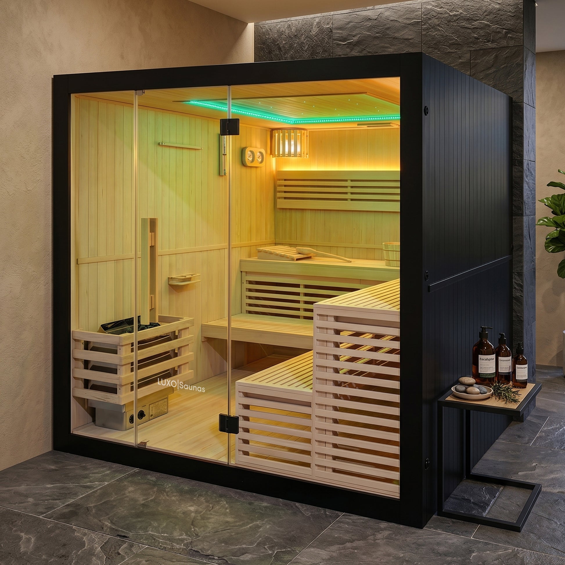 Modern indoor sauna installed in a stylish room with glass front and warm lighting