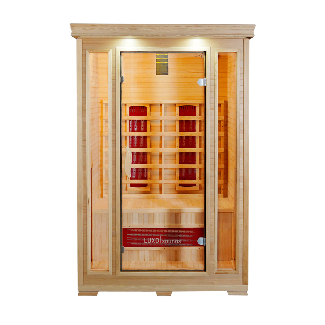 Taavi 2 Person Ceramic Infrared Indoor Home Sauna with light-toned wood, full-glass door, and side panels. Features a bench, infrared heating panels, recessed lights, and Luxo branding on the front.