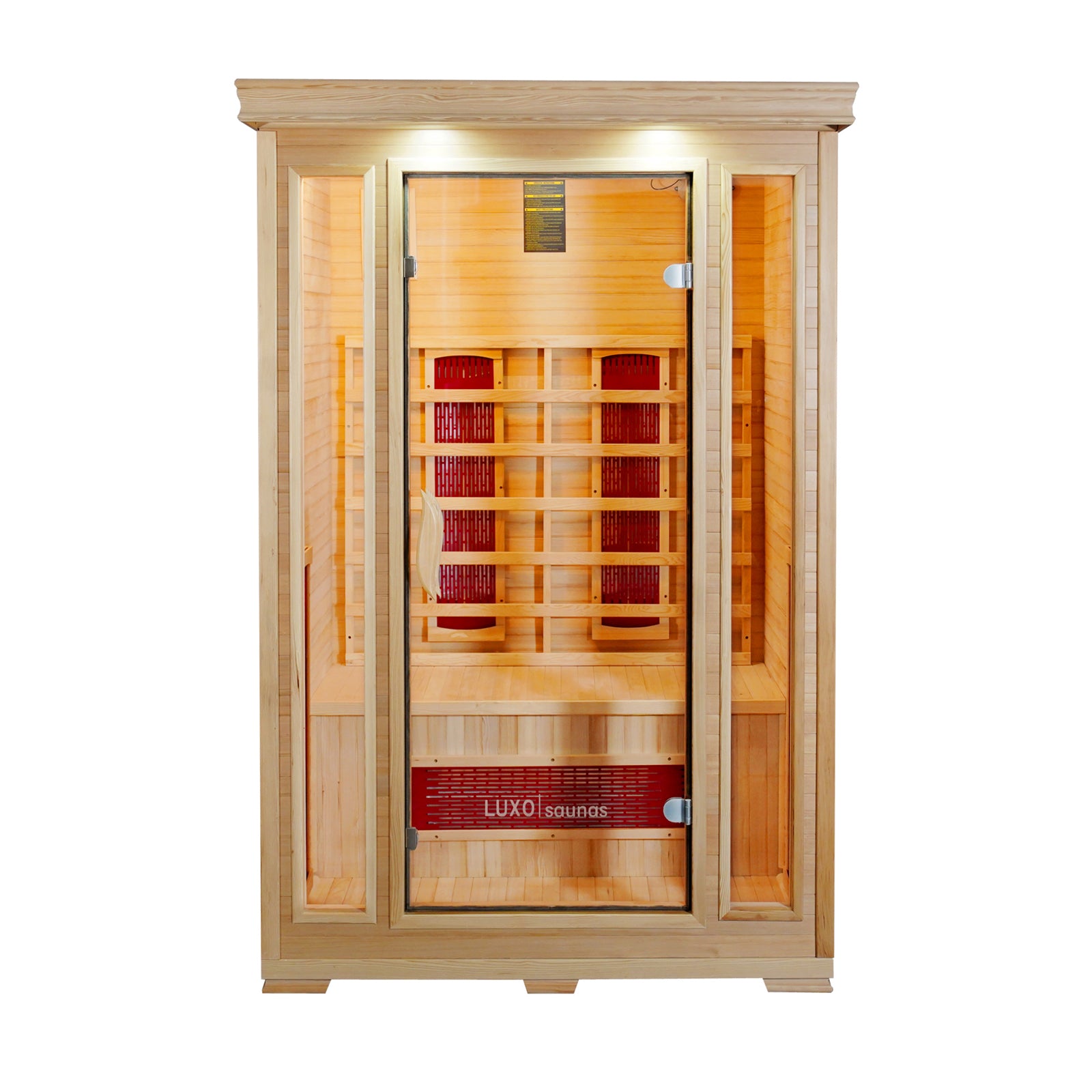 Taavi 2 Person Ceramic Infrared Indoor Home Sauna with light-toned wood, full-glass door, and side panels. Features a bench, infrared heating panels, recessed lights, and Luxo branding on the front.