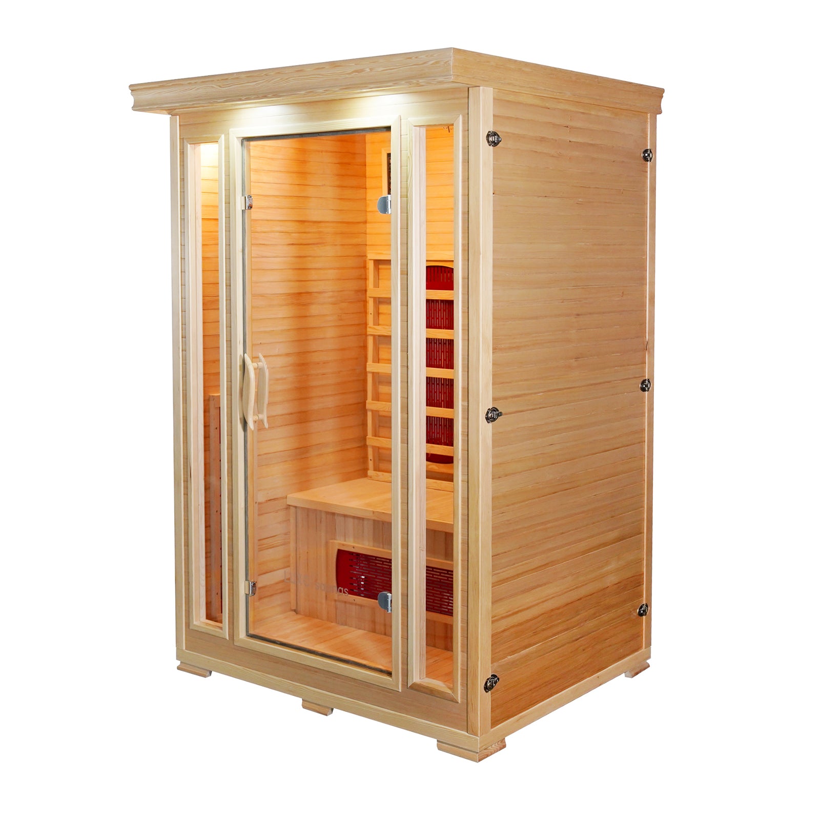 Taavi 2 Person Ceramic Infrared Indoor Home Sauna with light wood panels, full-height glass door, side windows, interior wooden bench, infrared heating panels, digital control, and recessed lighting, branded LUXO | saunas.