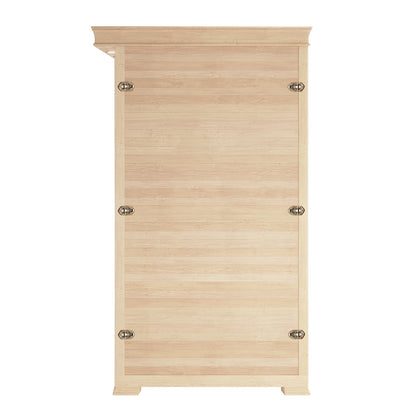 Close-up of the Taavi 2 Person Ceramic Infrared Home Sauna crafted from Canadian Hemlock, highlighting its sleek design, tempered glass features, and copper buckle system for easy assembly and relocation.