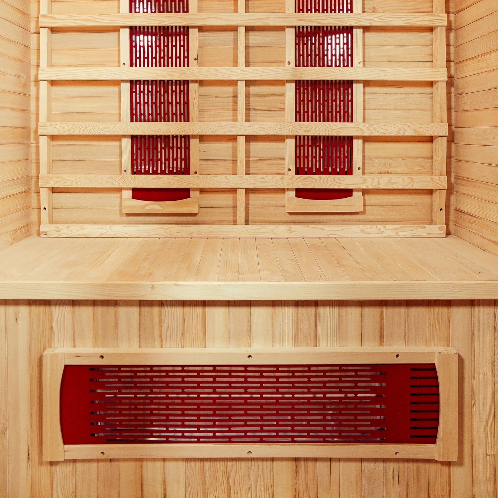 Taavi 2 Person Ceramic Infrared Indoor Home Sauna interior features light-colored wood planking with slatted backrest and visible reddish ceramic heater panels, designed for relaxation and therapeutic heat therapy at home.