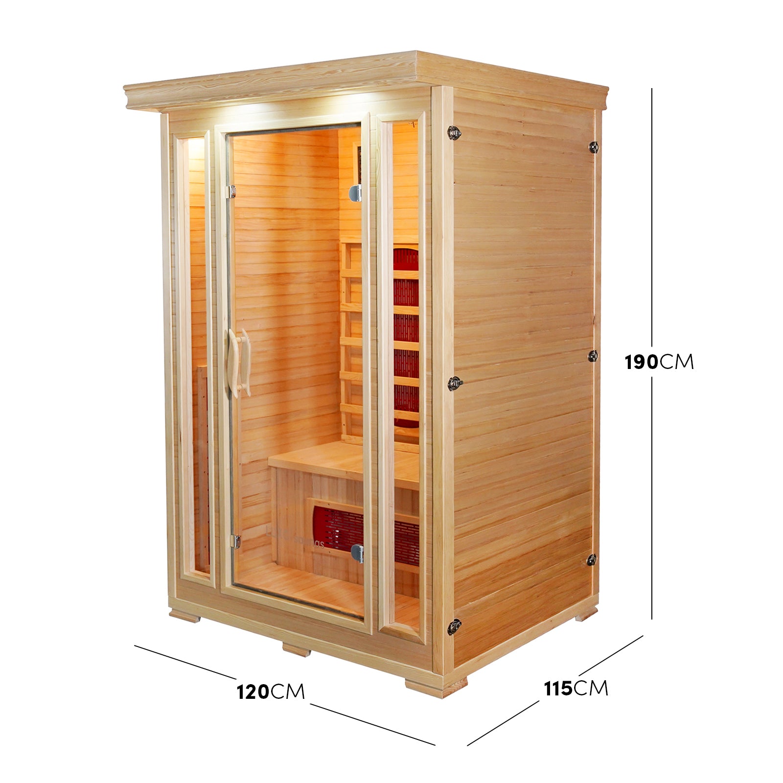 Taavi 2 Person Ceramic Infrared Indoor Home Sauna: Light-toned wood cabin with glass front, interior bench, ceramic infrared heating panels, digital control panel, and LED lights, ideal for home relaxation.