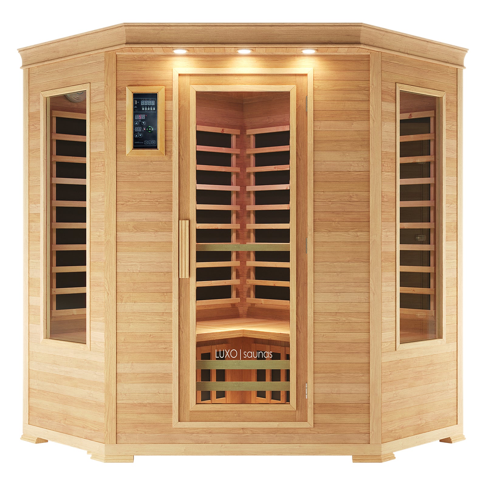 Taavi 4 Person Corner Carbon Fibre Infrared Indoor Sauna: Freestanding octagonal wooden cabin with light-toned panels, three glass sections, interior bench, infrared heating slats, digital control panel, and recessed downlights.