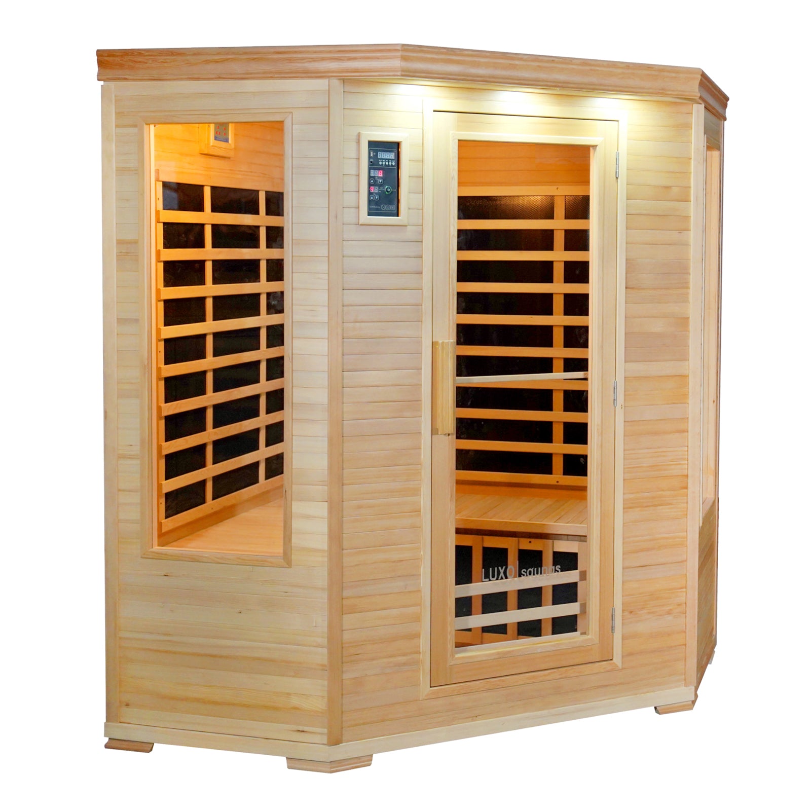 Taavi 4 Person Corner Carbon Fibre Infrared Indoor Sauna, a wooden cabin with glass windows and bench seating, features a digital control panel and is designed for home relaxation and wellness.