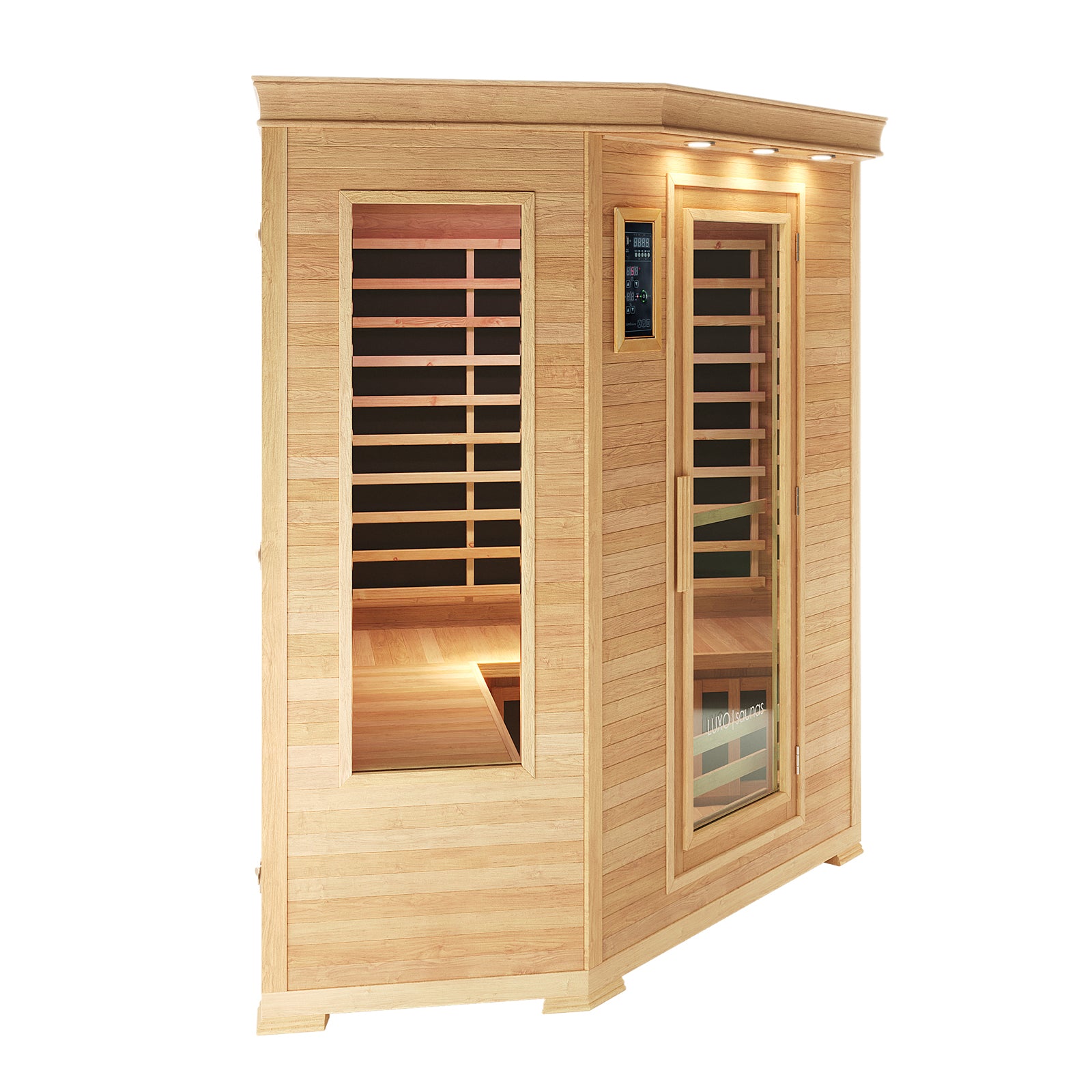 Taavi 4 Person Corner Carbon Fibre Infrared Indoor Sauna features light wood, glass windows, a glass-front door, interior bench seating, infrared heater panels, and a digital control panel outside.
