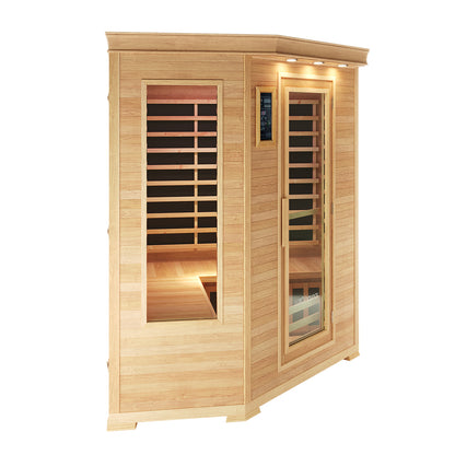 Taavi 4 Person Corner Carbon Fibre Infrared Indoor Sauna features light wood, glass windows, a glass-front door, interior bench seating, infrared heater panels, and a digital control panel outside.