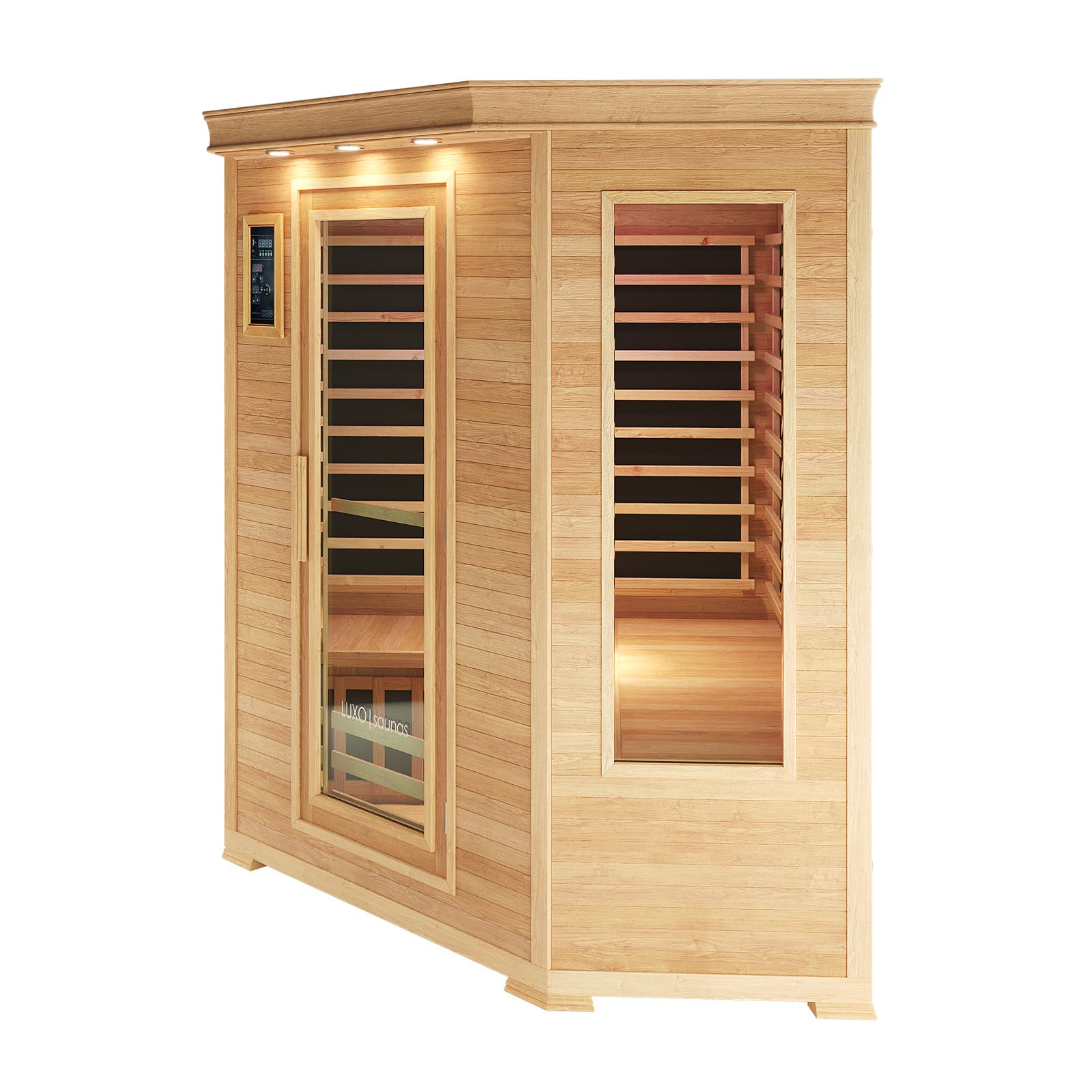 Taavi 4 Person Corner Carbon Fibre Infrared Indoor Sauna features a light-toned wood cabin with glass door, side window, built-in bench, digital control panel, and LED lights, offering a tranquil home spa experience.