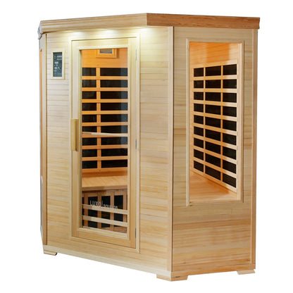 Taavi 4-Person Corner Carbon Fibre Infrared Indoor Sauna, featuring a light wood-paneled cabin, glass door and side panel, visible interior bench, and external digital control panel for temperature settings.