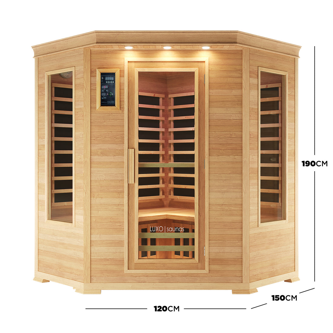 Taavi 4 Person Corner Carbon Fibre Infrared Indoor Sauna with an octagonal-front, three tempered-glass windows, digital control panel, recessed lights, and Canadian Hemlock wood, ideal for indoor relaxation.