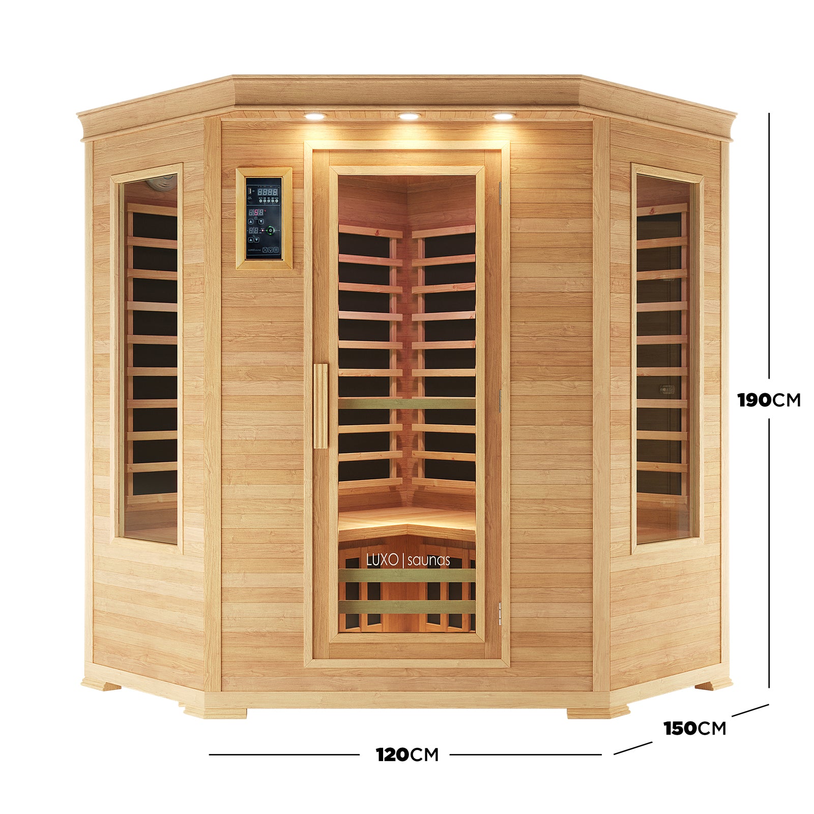 Taavi 4 Person Corner Carbon Fibre Infrared Indoor Sauna with an octagonal-front, three tempered-glass windows, digital control panel, recessed lights, and Canadian Hemlock wood, ideal for indoor relaxation.