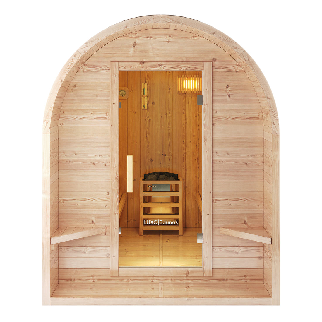 Tarni 2-Person Finnish Outdoor Sauna – Fir Wood: A barrel-shaped sauna with glass door revealing wooden benches and a LUXO Saunas heater with stones, embodying a private, traditional Finnish retreat.