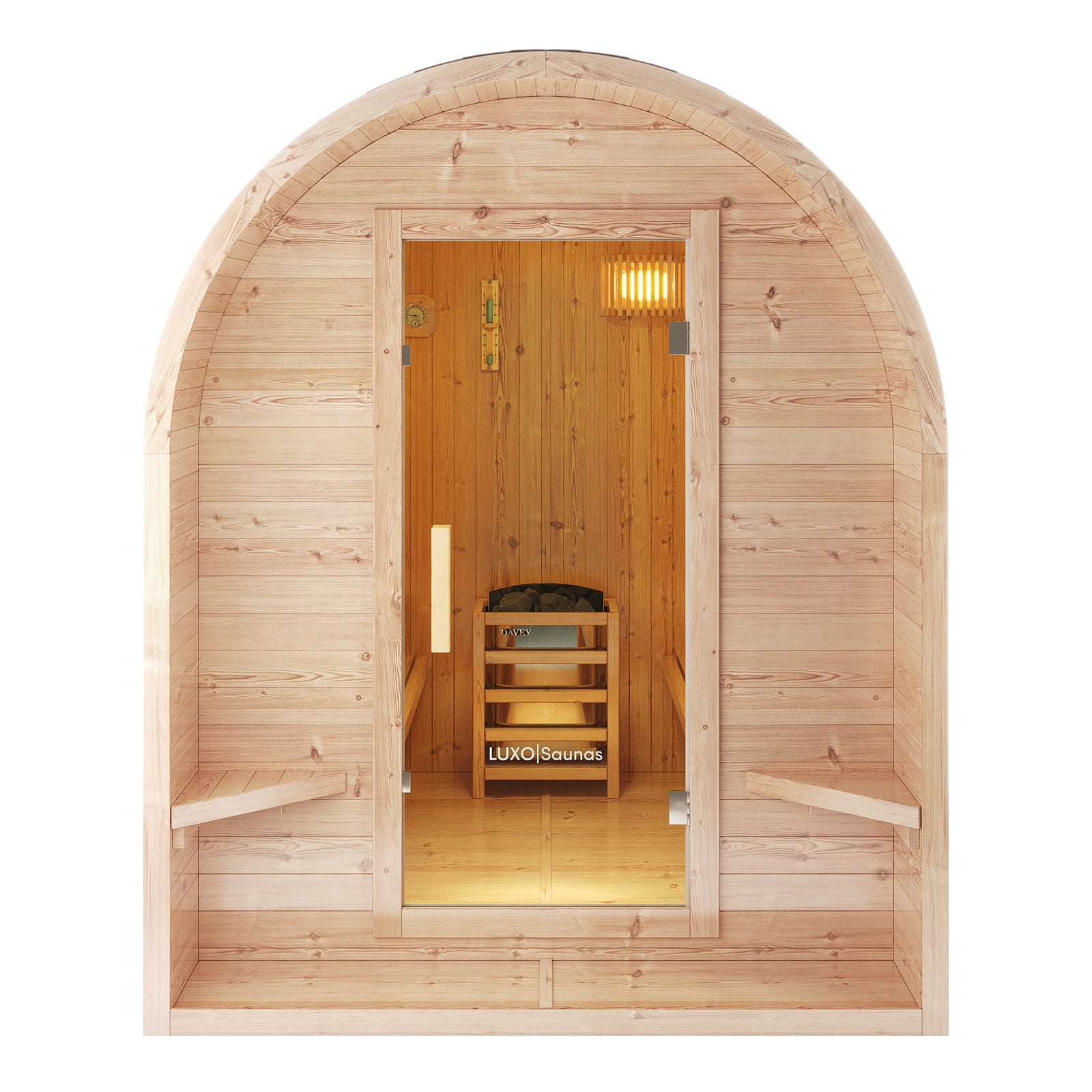 Tarni 2-Person Finnish Outdoor Sauna – Fir Wood: A barrel-shaped sauna with glass door revealing wooden benches and a LUXO Saunas heater with stones, embodying a private, traditional Finnish retreat.