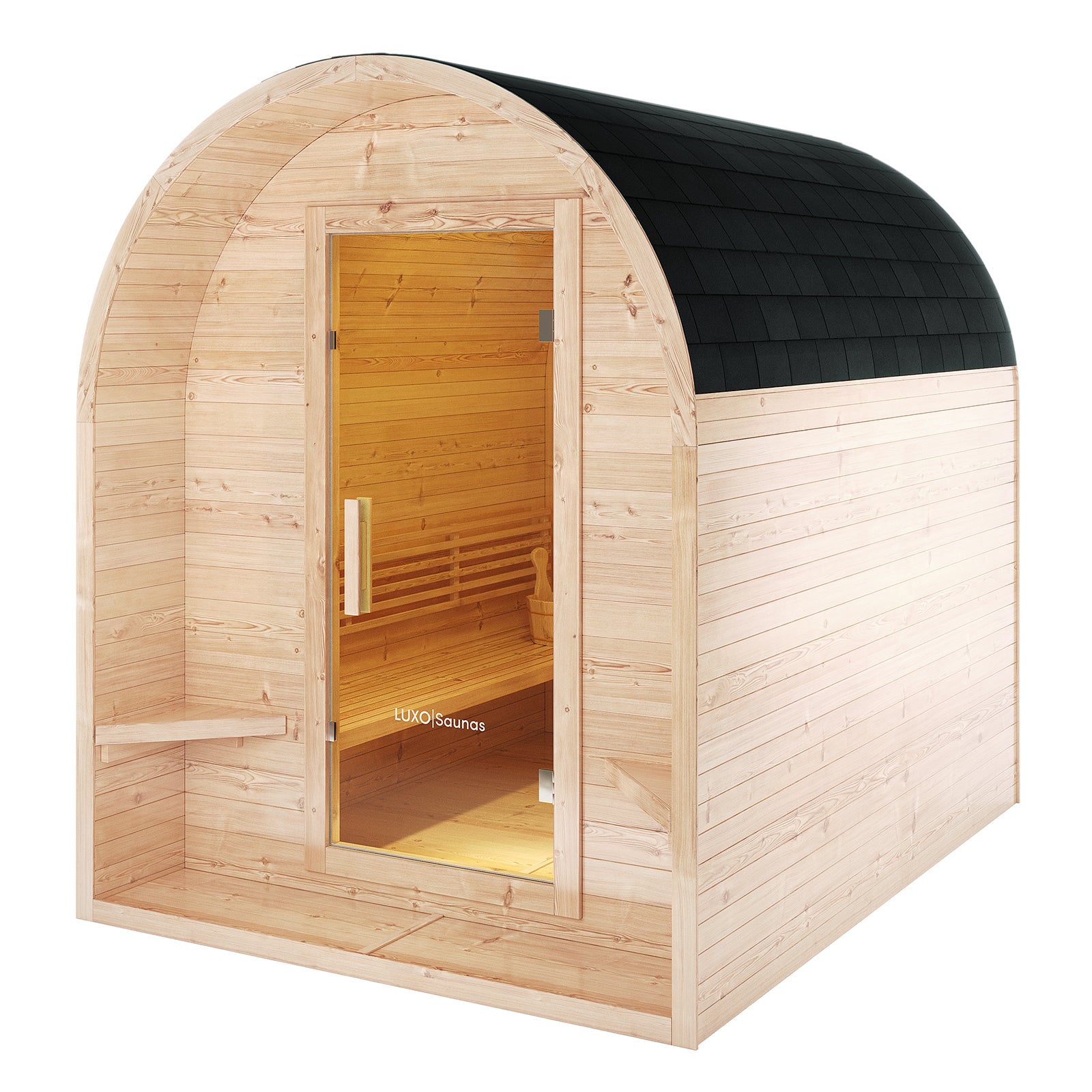 Tarni 2-Person Finnish Outdoor Sauna – Fir Wood: Barrel-shaped cabin with dark shingle roof and glass door, showcasing interior wooden bench and sauna bucket, branded LUXO Saunas.