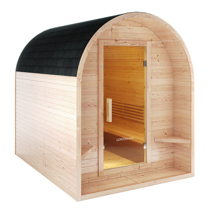 Tarni 2-Person Finnish Outdoor Sauna – Fir Wood, barrel-shaped with a curved roof, features a glass door, interior bench, side shelves, and a subtle LUXO Saunas logo on the backrest.