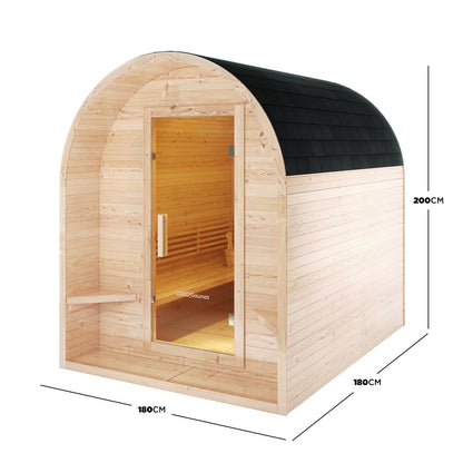 Tarni 2-Person Finnish Outdoor Sauna – Fir Wood, featuring an arched roof with dark shingles, timber cladding, glass door showing interior bench and sauna bucket, perfect for a backyard retreat.