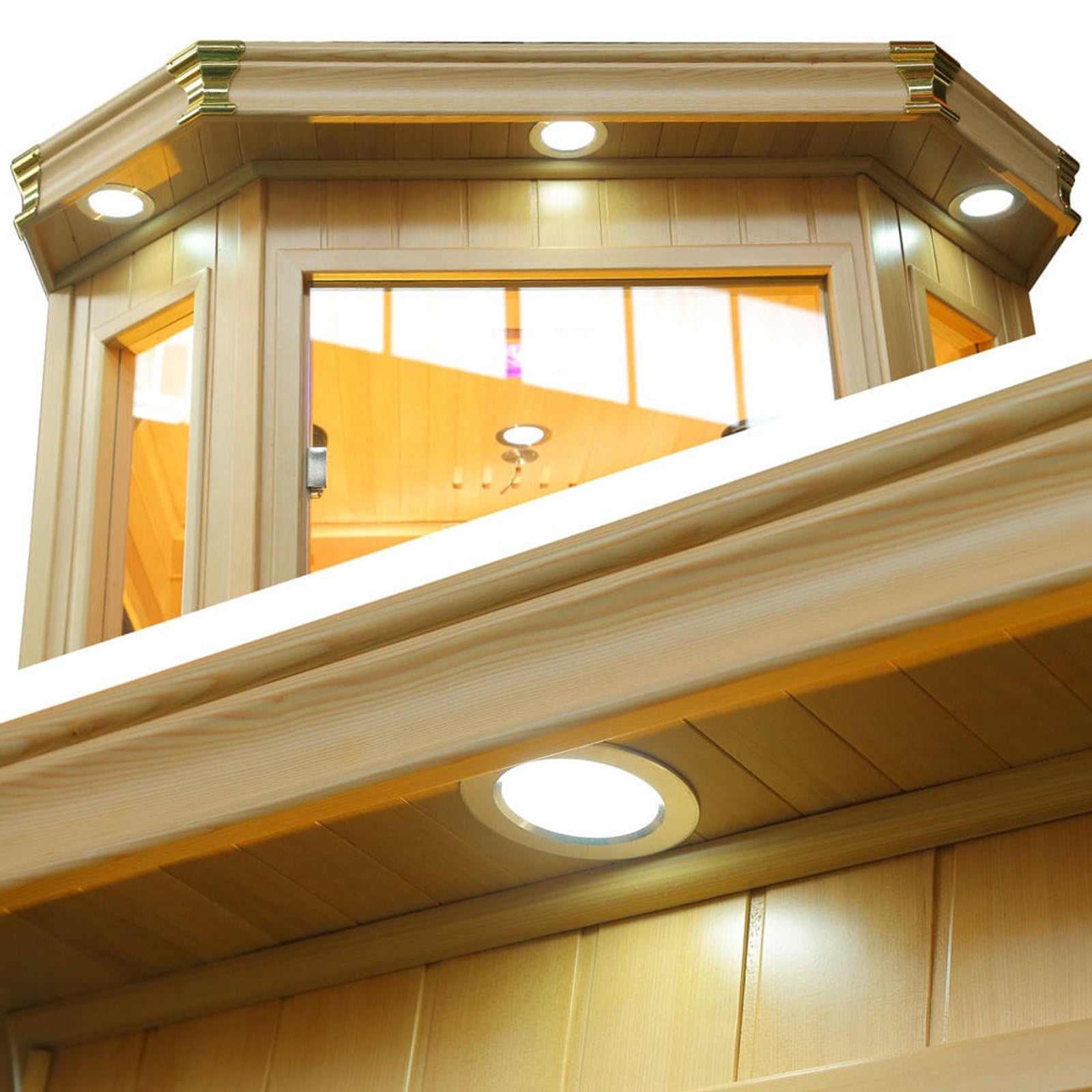 Tukeva 2 Person Carbon Fibre Infrared Sauna – Hemlock, showcasing a sleek, sturdy wooden cabin with tempered glass door, highlighting its compact design and robust Canadian Hemlock construction for home wellness.