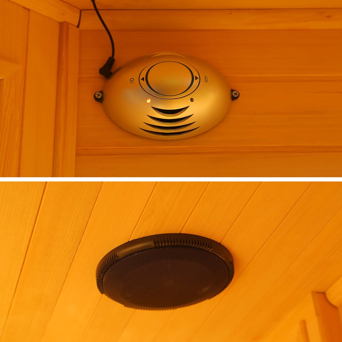 Tumma 2-Person Carbon Fibre Infrared Home Sauna with ceiling-mounted speaker, showcasing its advanced multimedia function, highlighted in a stylish indoor setting.