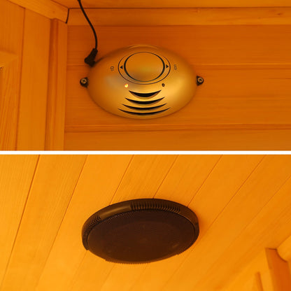 Tumma 2-Person Carbon Fibre Infrared Home Sauna with ceiling-mounted speaker, showcasing its advanced multimedia function, highlighted in a stylish indoor setting.