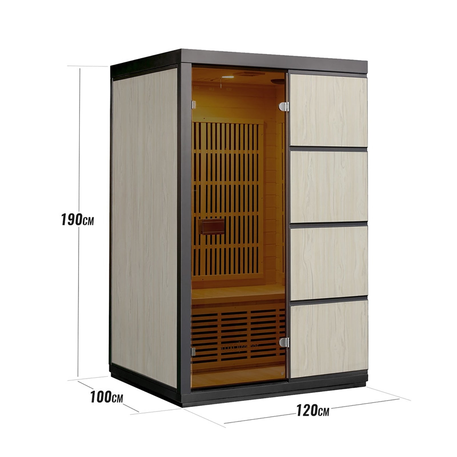 Tumma 2-Person Carbon Fibre Infrared Home Sauna featuring a close-up of Canadian hemlock wood panel and tempered glass door, emphasizing meticulous craftsmanship and modern design elements.
