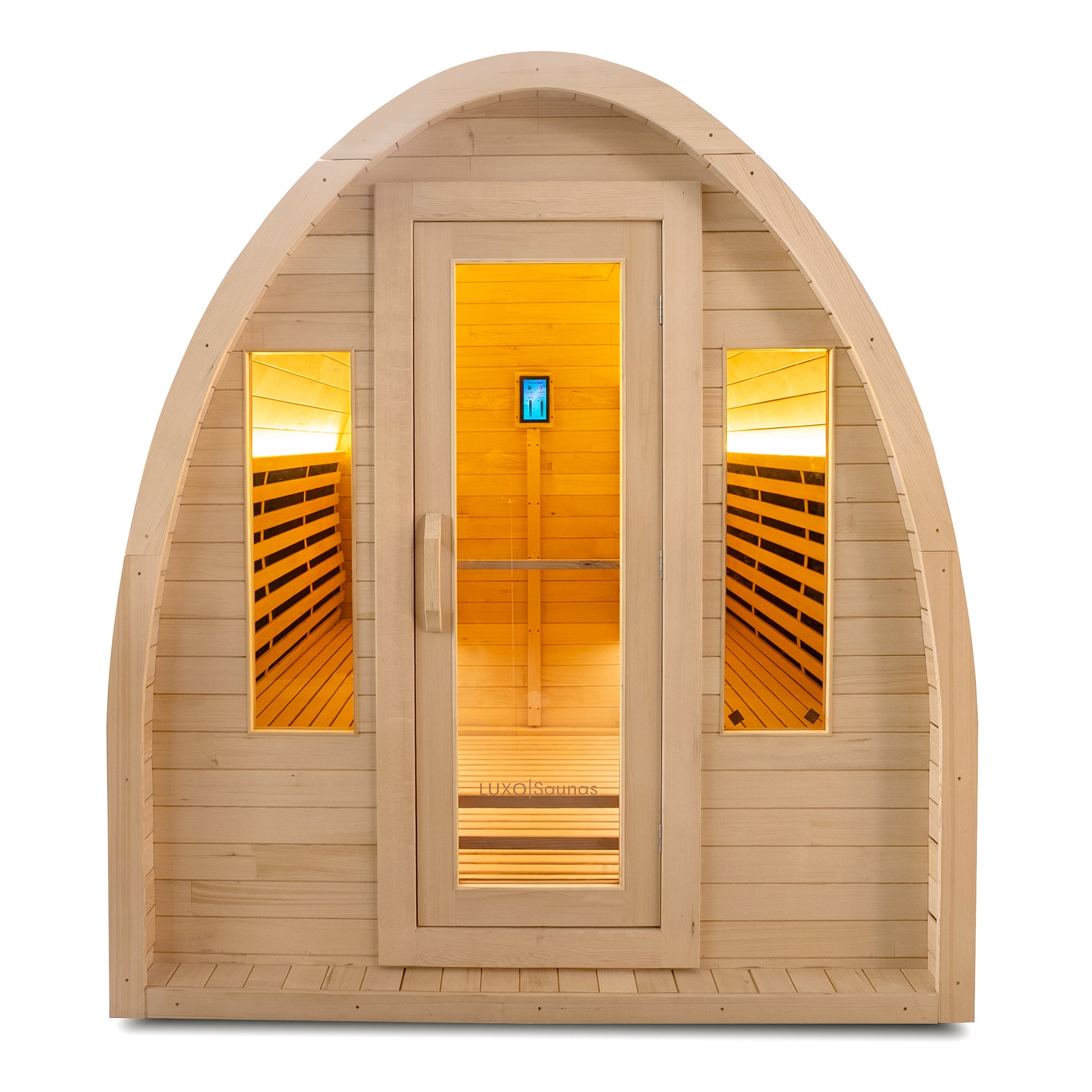 Freestanding wooden sauna with arched roof and lit interior on a white background