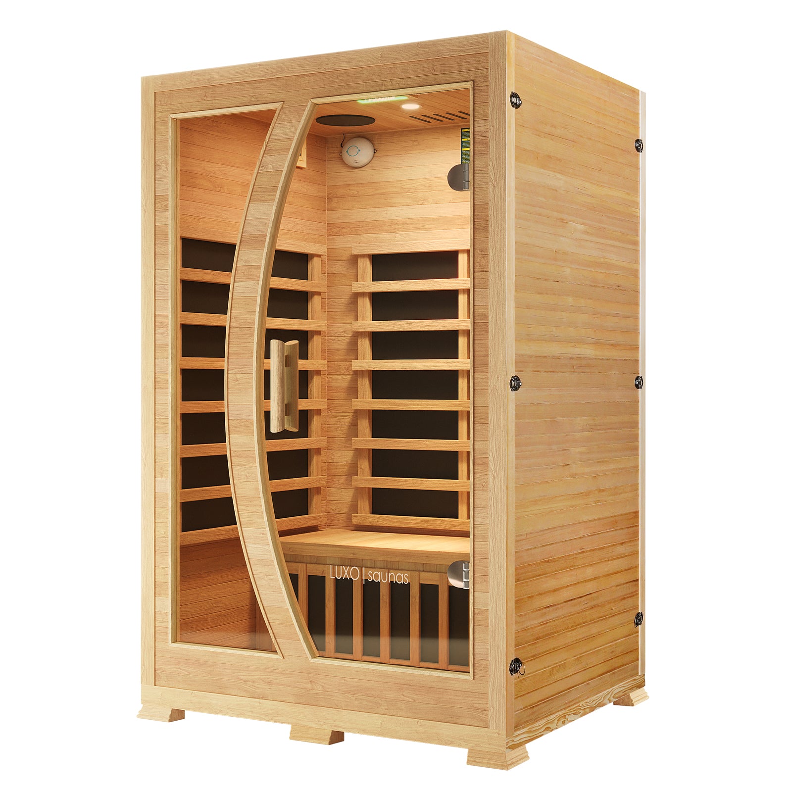 Valo 2-Person Canadian Hemlock Carbon Fibre Home Sauna Cabin with glass doors and a round detail, showcasing a sleek wooden design ideal for indoor relaxation and wellness.