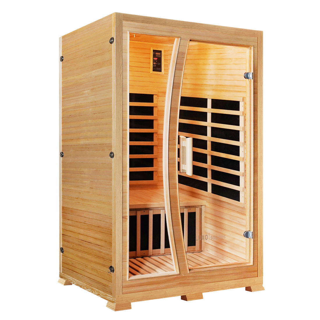 Valo 2-Person Canadian Hemlock Carbon Fibre Home Sauna Cabin with glass doors and Canadian Hemlock wood construction, showcasing a sleek design ideal for home installation and relaxed sauna experiences.