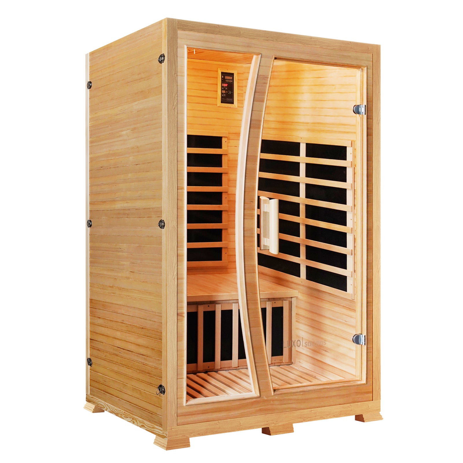 Valo 2-Person Canadian Hemlock Carbon Fibre Home Sauna Cabin with glass doors and Canadian Hemlock wood construction, showcasing a sleek design ideal for home installation and relaxed sauna experiences.
