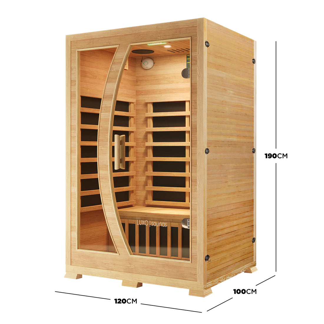 Valo 2 Person Canadian Hemlock Carbon Fibre Home Sauna Cabin with a round door, showcasing durable Canadian Hemlock wood construction, suitable for indoor use, emphasizing its spacious, portable design.
