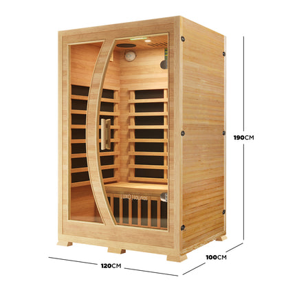 Valo 2 Person Canadian Hemlock Carbon Fibre Home Sauna Cabin with a round door, showcasing durable Canadian Hemlock wood construction, suitable for indoor use, emphasizing its spacious, portable design.