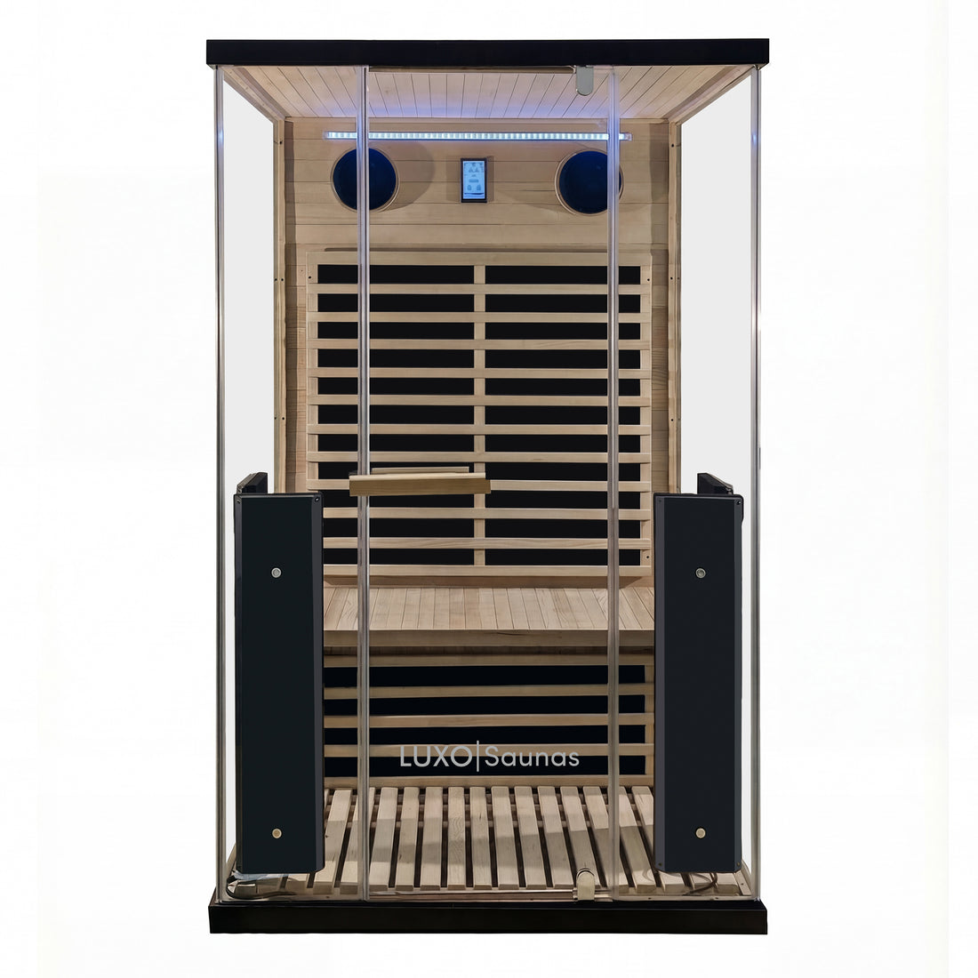 Modern glass-front sauna cabin on a white background